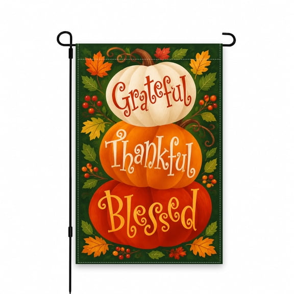 Grateful Thankful Blessed Pumpkin Garden Flag, Fall Harvest Theme with Autumn Leaves, 12 x 18 Inch, Perfect for Patio, Lawn, Yard, Outdoor Decor