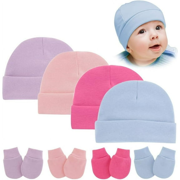 8PCS Newborn Baby Hats and Mittens Set Gloves Beanies No Scratch Mittens Warm Swaddling Elastic Infants Hats 0-6 Months