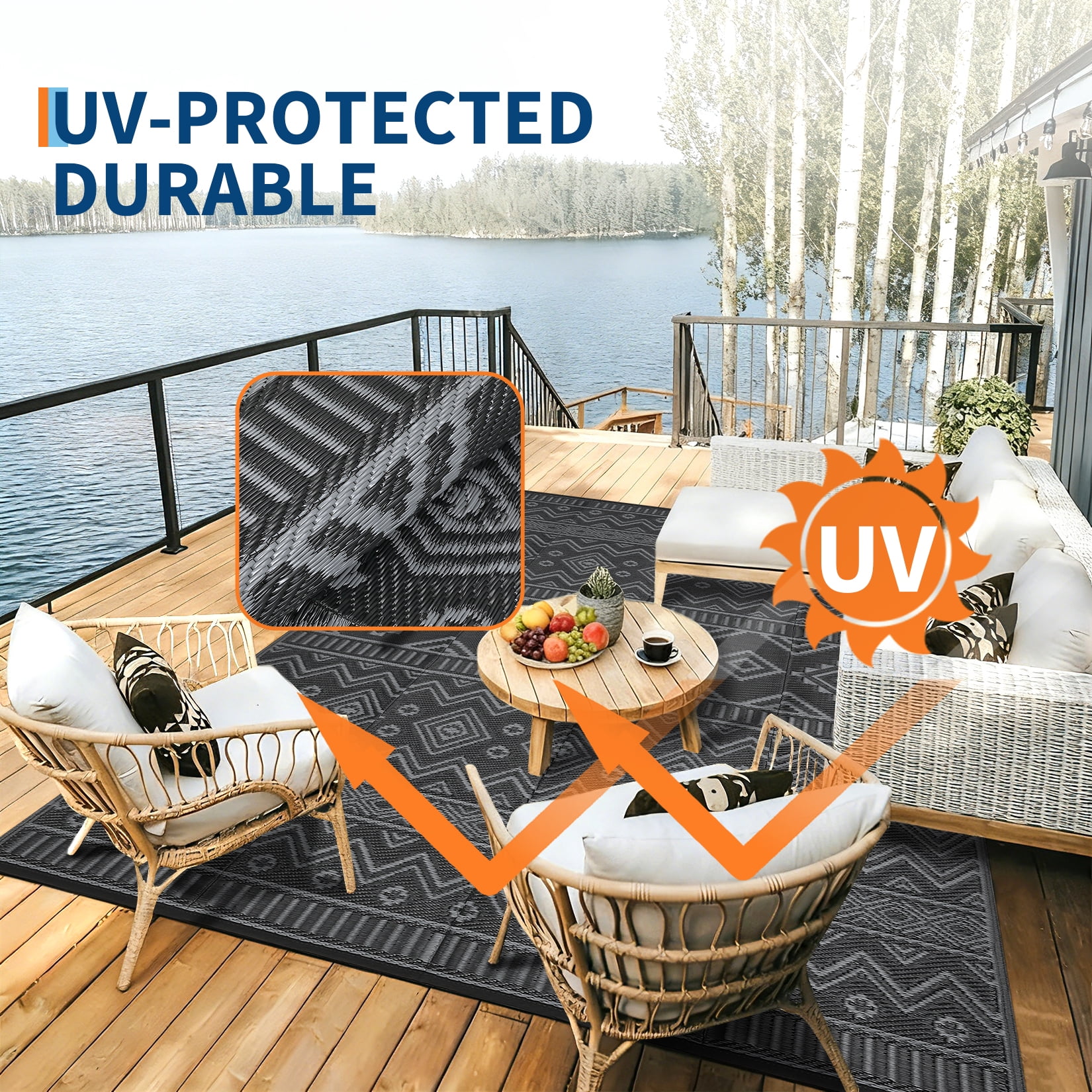 HIWEAVER 8' x 10' Black/Gray Outdoor Rug PP Plastic Straw Woven Waterproof Patio Rug with Border Portable Outside Carpet for Balcony Deck Picnic Garden Decor