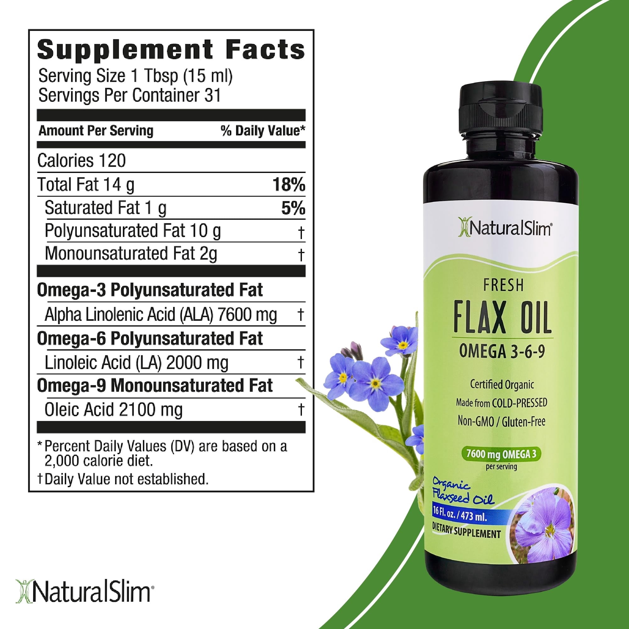 NaturalSlim Flaxseed Oil - Organic Cold-Pressed Flaxseed Oil with Omega 3 6 9, 16 fl. Oz