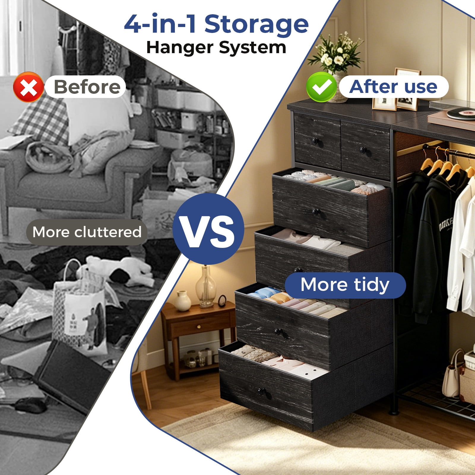 CONCETTA Dresser for Bedroom with Hanging Rack 6 Drawers Dresser, LED Lights & Charging Station, Wooden Top, Grid Panel, Black Wood
