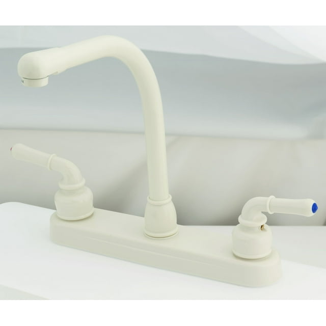 Empire Brass Faucet U-YBB800RSB Ultra Line; Used For Kitchen; Single Piece 8 Inch Deck-Mount; High-Rise Spout; 2 Teapot Handle; Biscuit/Plastic