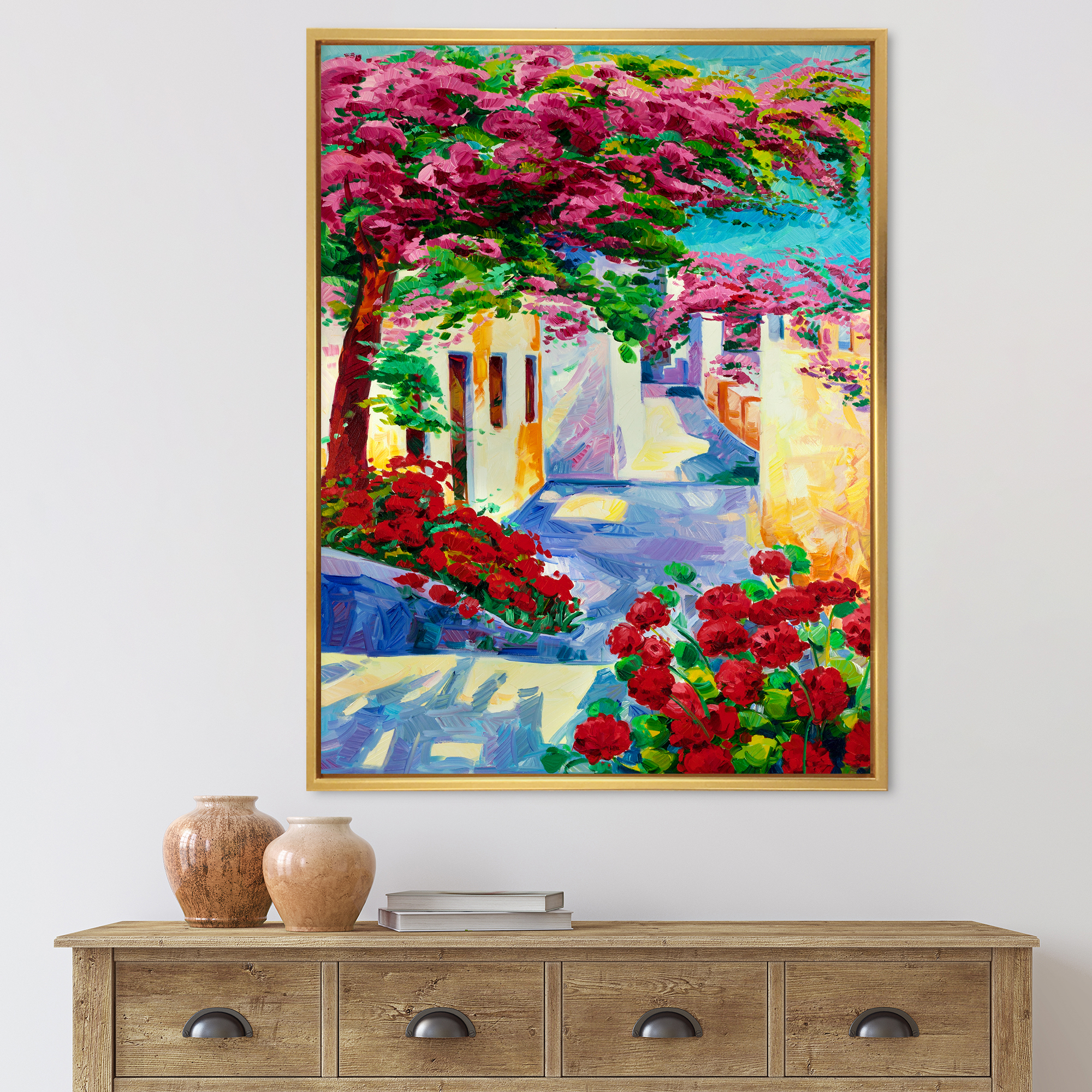 Designart 'Colorful Traditional Santorini Houses Among Flowers' Nautical & Coastal Framed Canvas Wall Art Print