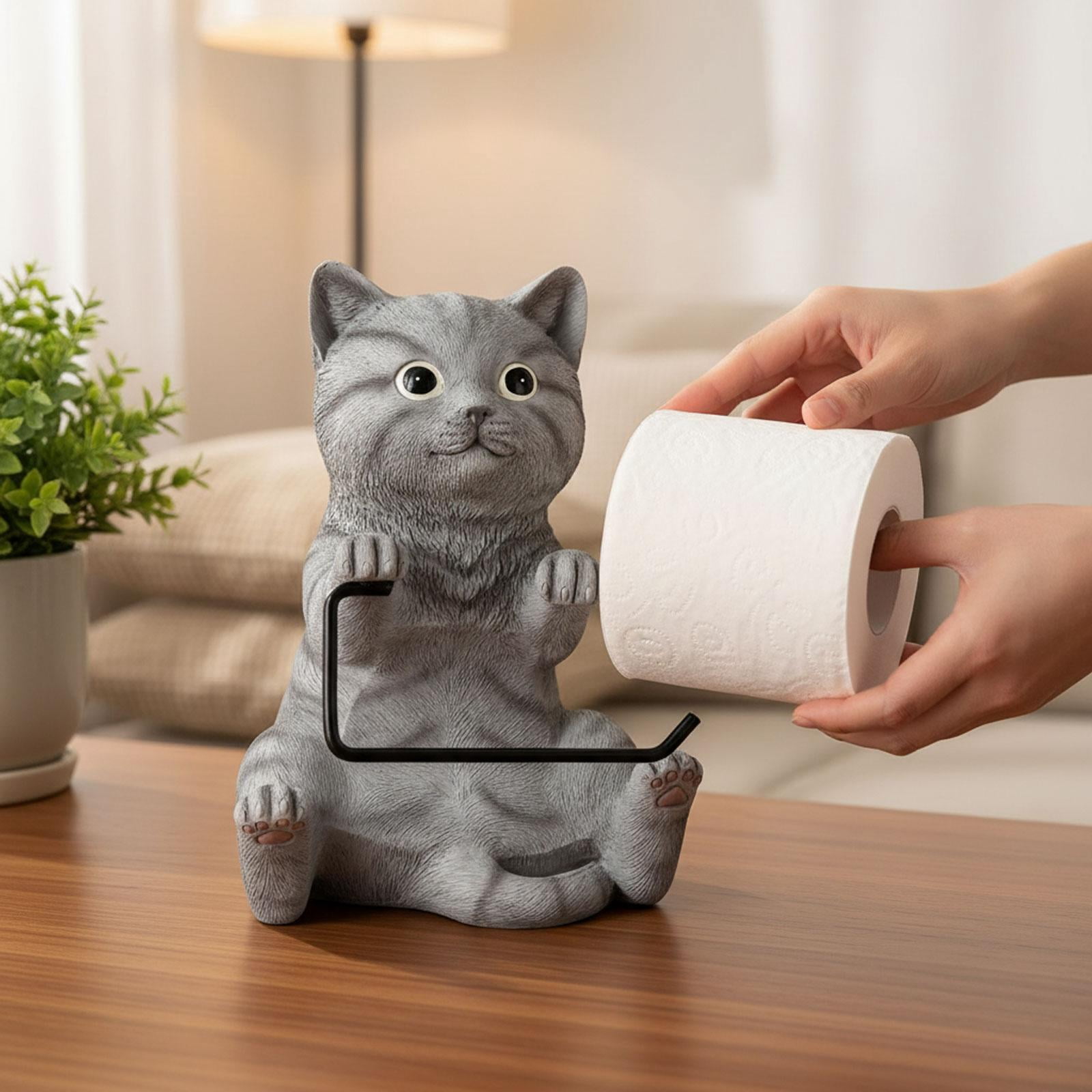 Fiocias Wall Mounted Cat Toilet Paper Roll Holder Bathroom Accessories Premium Resin Gray