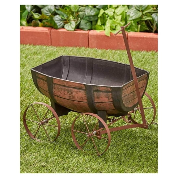 Rustic Whiskey Barrel Wagon Planter with Handle and Drainage Hole