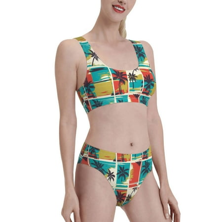 Uemuo Colorful Hawaii Palms Printed Women s High Waisted Bikini Sets Sporty Two Piece Swimsuits Color Block Cheeky High Cut Bathing Suits-