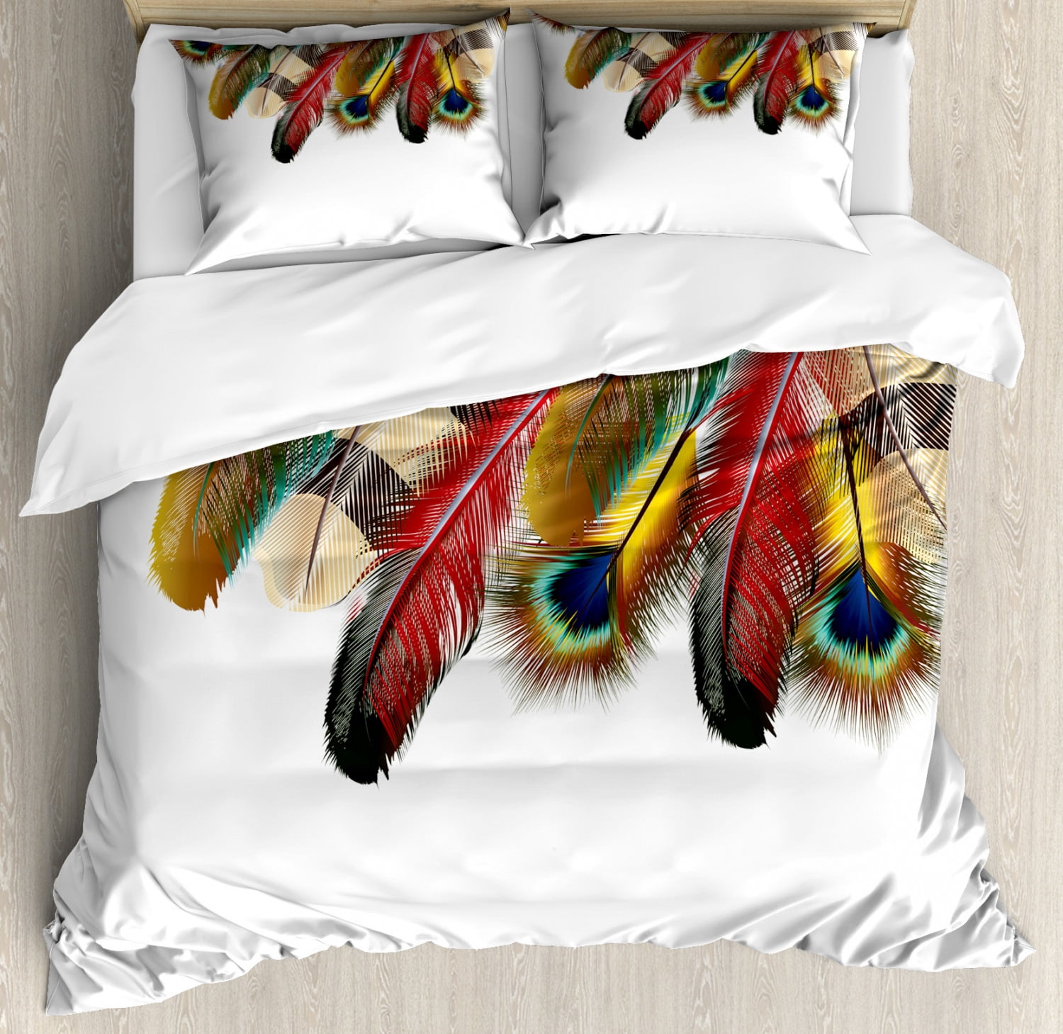 Peacock Duvet Cover Set, Mystical Colorful Peacock Feathers Vibrant