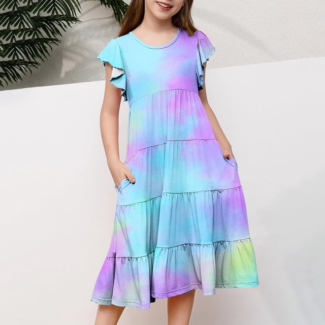 Milgrthf Girls Tie Dye Maxi Dress Summer Short Ruffle Sleeve Crew Neck Layered Dresses for 6-12 Years Blue