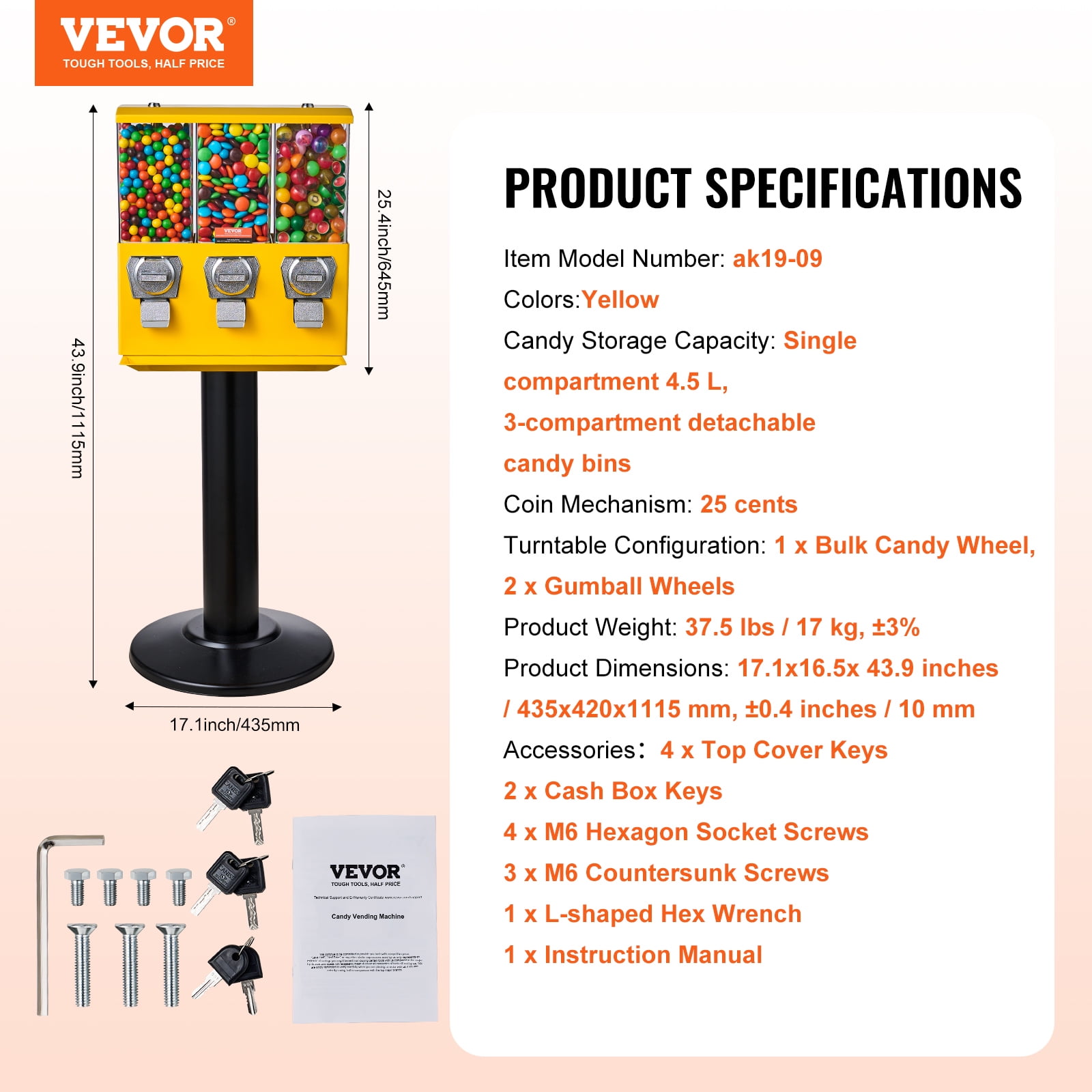 VEVOR Commercial Vending Machine, Triple Compartment Candy Dispenser with Iron Stand, Gumball and Candy Machine for Business,Coin Operated Gumball Bank for Toy Capsules Bouncy Balls Candy Nut,Yellow