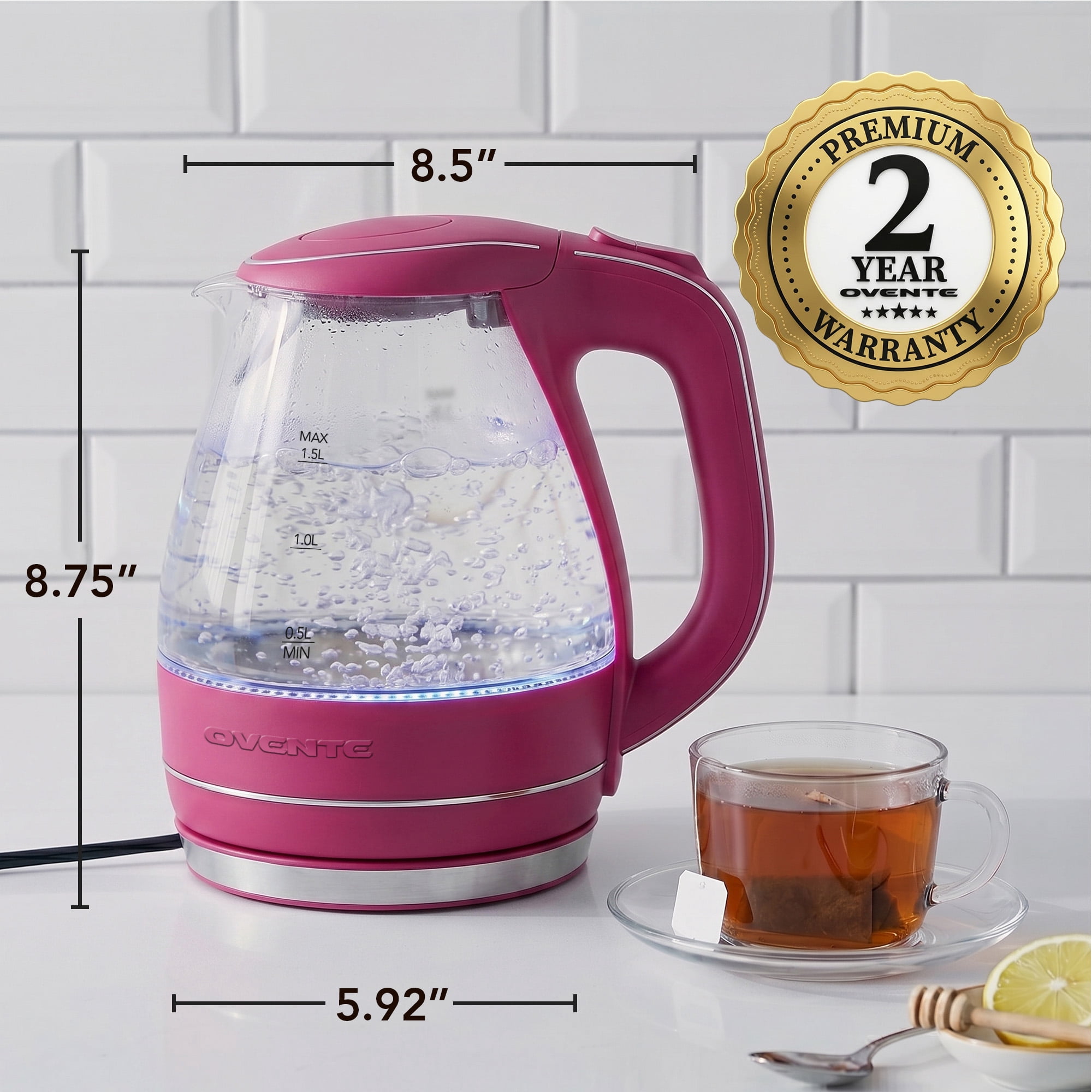 OVENTE 1.5L Glass Electric Kettle Water Boiler, Pink KG83F | 1100W Fast Boiling, Borosilicate Glass, BPA-Free, Blue LED, Auto Shut-Off, Boil-Dry Protection, Removable Filter, 360° Base