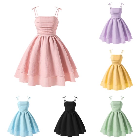 Rggeeun Child Girls Dresses Solid Color Spaghetti Strap with Bowknot Waist Shirring Flowy Large Pleated Ruffle Ankle Length for Summer School Activities Sweet Sundress,Pink,14-15 Years