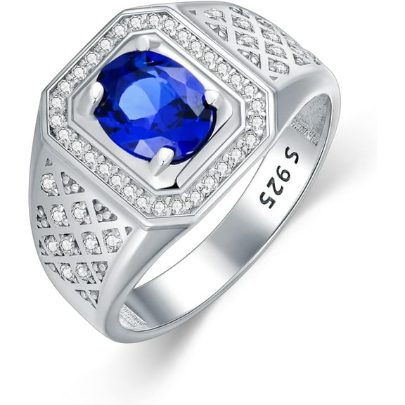 SISGEM Round Sapphire Gemstone Ring for Men Sterling Silver White Gold Plated Men's Ring Vintage Retro Jewelry(9)