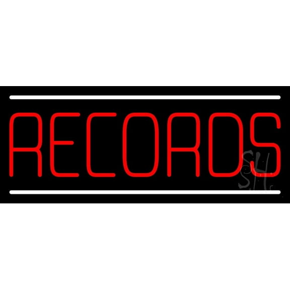 Red Records White Line LED Neon Sign 10" Tall x 24" Wide - inches Black Square Cut Acrylic Backing, with Dimmer - Premium built indoor Sign for Studio, Club, Home décor, Event, Workshop, Storefront.