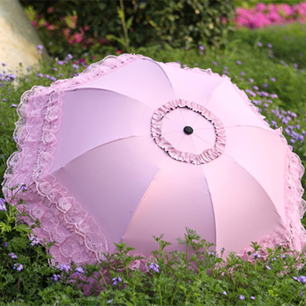 Yesbay Women Lace Folding Umbrella Sunshade UV Protection Parasol,Pink -