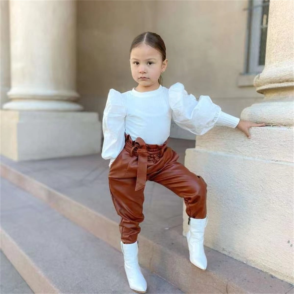 Fommy Toddler Girl Mesh Puff Long Sleeve Top + PU Leather Pants Outfit Set
