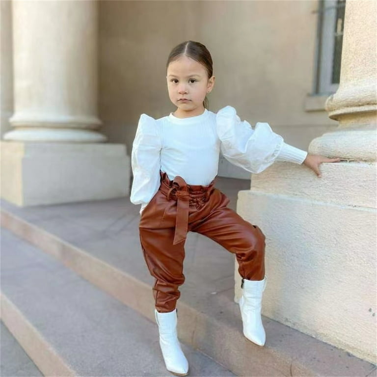 Younger Tree Baby Girls Fashion Clothes Outfits Kid Puff Sleeve Knitted Top Leather  Pants Fall Winter Set,3-4T 