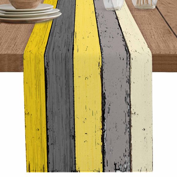 nqOlkjepod Yellow Wooden Table Runner 72 Inches Long Farmhouse Dress Scarves, Grey Stripe Gradient Country Rustic Grain Dining Tablerunner for Coffee Table/Kitchen Island/Party Décor, 16" x 72"