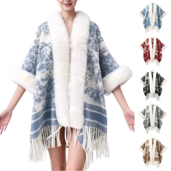 Poncho Shawl Wrap Winter Faux Fur Cape Cloak Coat with Faux Fur Trim Cardigan Women Casual Batwing Cape Tassel Shawl Winter Warm Shawl