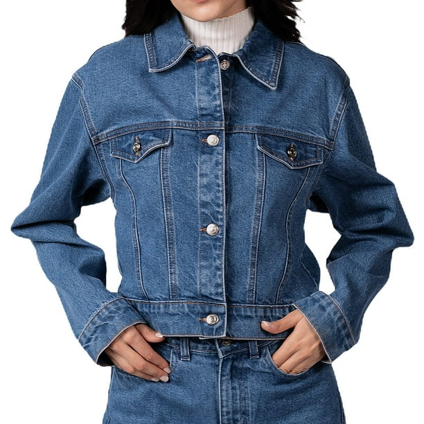 Cazadora corta de mezclilla MCHK 6019. Color azul. Para mujer