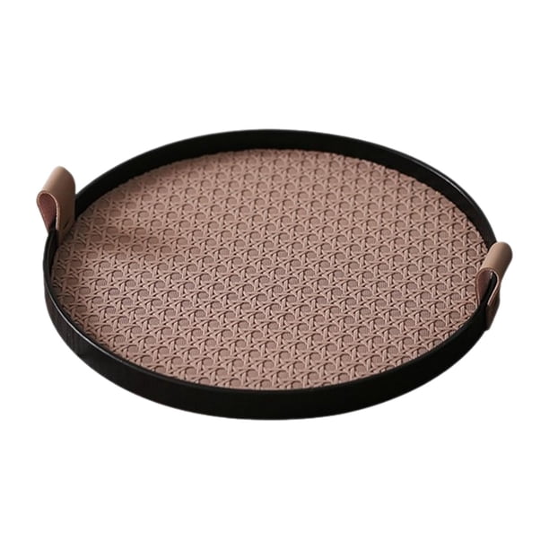 Bandeja de almacenamiento retro, bandeja redonda portátil, decoración de mesa, elegante y decorativa de cuero. Marrón