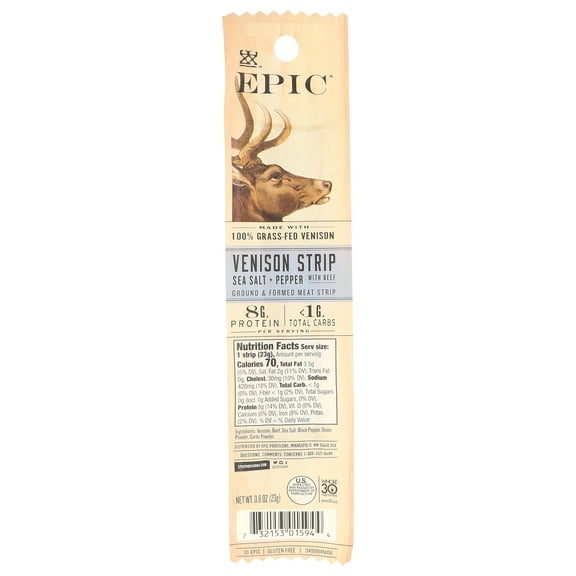 Pack of 20, Epic Sea Salt & Pepper Venison Meat Strip, 0.8 oz
