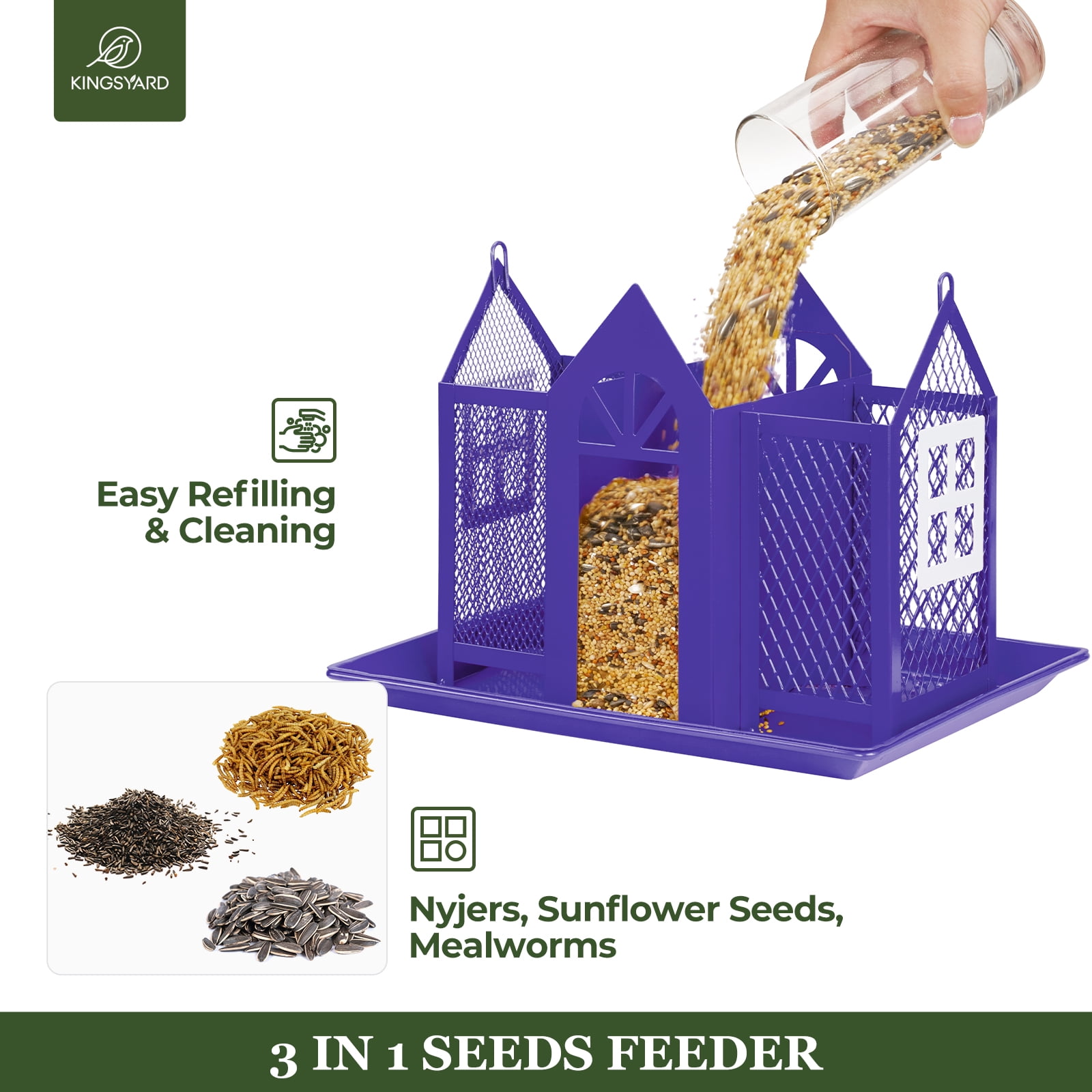 Kingsyard Weatherproof Metal Bird Feeder House, Triple Feeders for Outside Finch Cardinal, Purple