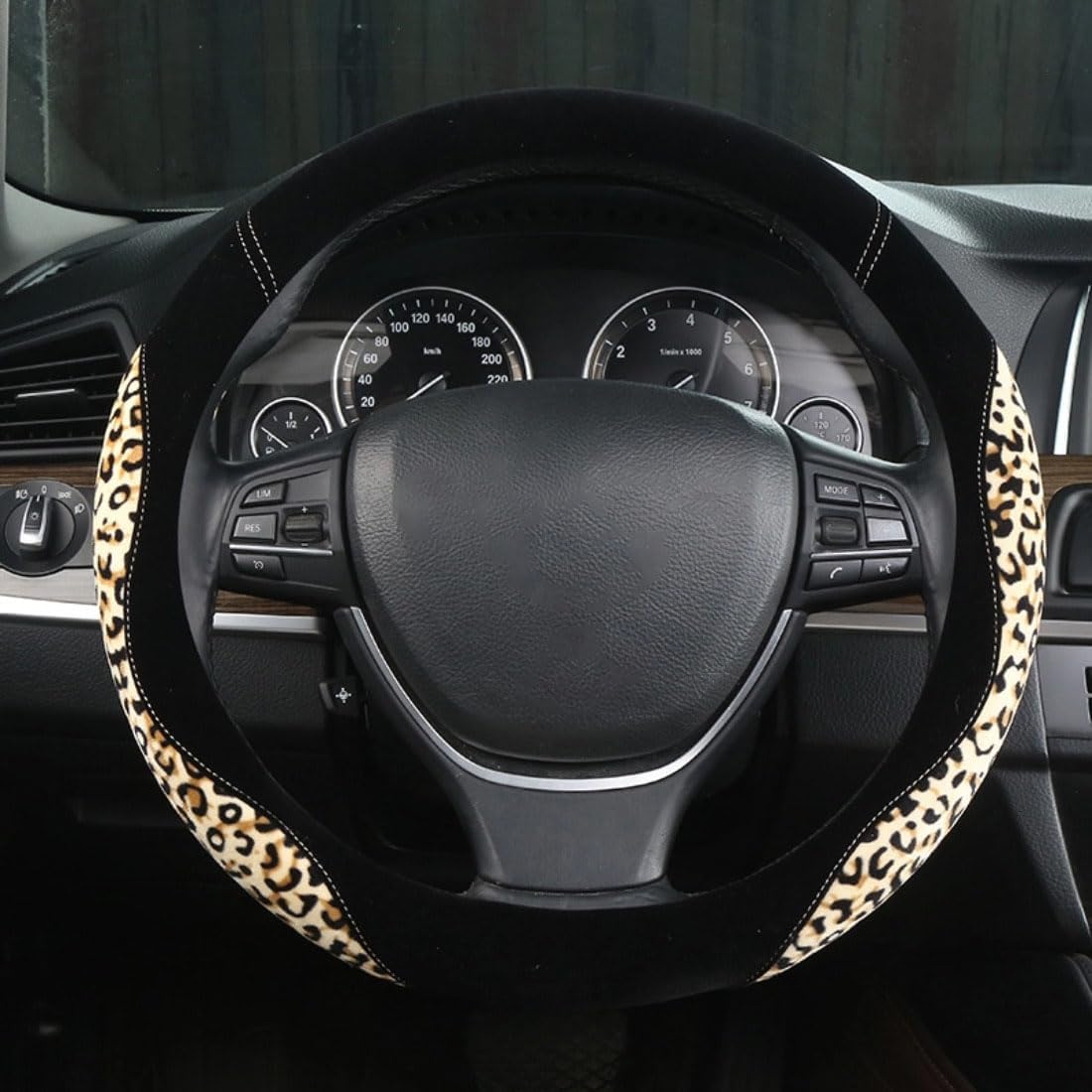 Leopard Car Steering Wheel Cover for Men Women Automotive Interior Accessories Universal 15 Inches Fit for Most Vehicles, Beige