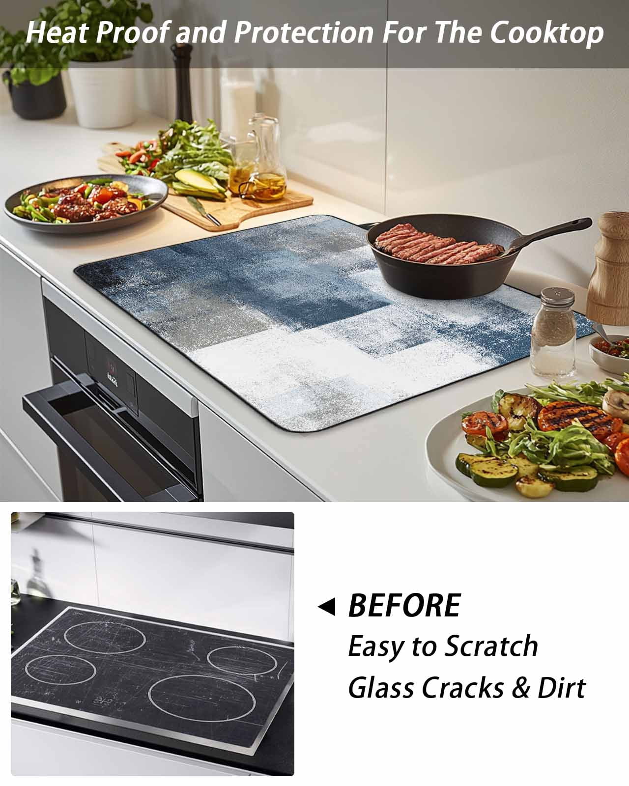 Stove Top Covers for Electric Stove, Blue Glass Stovetop Cover Protector, Retro Oil Painted Modern Abstract Art Induction Cooktop Protector Oven Mat for Kitchen Countertop 24"x21"