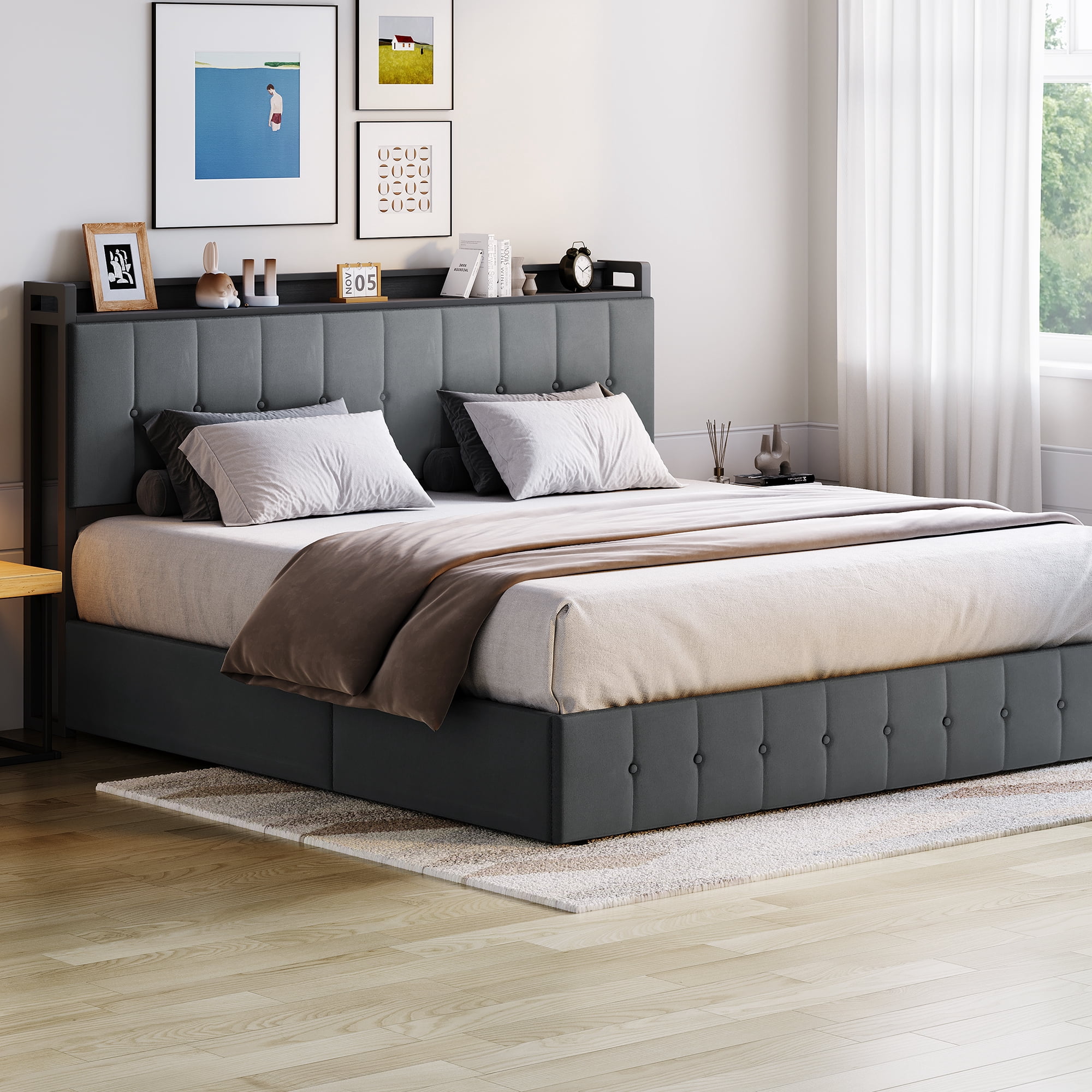 Kicctian King Size Lift-Up Storage Bed Frame, Upholstered Headboard with Hydraulic Support, Heavy-Duty Wood Slat Support, No Box Spring Required, Noise-Free, Easy Assembly, Gray