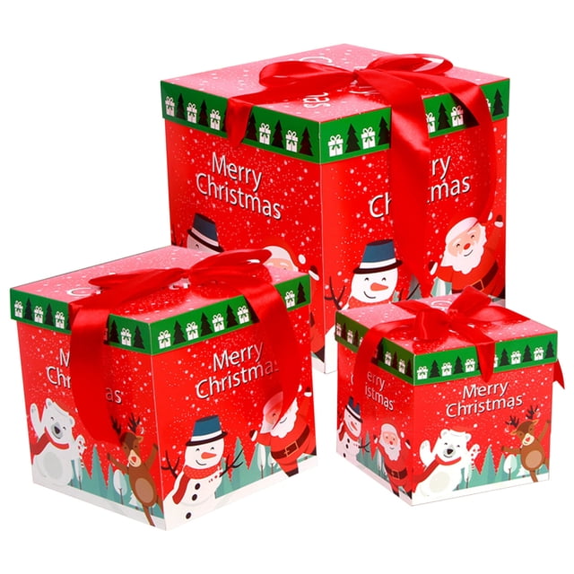 3-Piece Christmas Decoration Gift Box Set for Candy Storage, Corrugated Cardboard with Ribbon Handles, Reusable and Easy Assembly for Parties