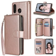 SZCINSENWalletCaseforHuaweiP30Lite,PremiumSoftPULeatherZipperFlipFolioWalletwithWristStrapCardSlotKickstandProtectiveCaseforHuaweiP30Lite(Color:RoseGold)