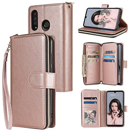 SZCINSENWalletCaseforHuaweiP30Lite,PremiumSoftPULeatherZipperFlipFolioWalletwithWristStrapCardSlotKickstandProtectiveCaseforHuaweiP30Lite(Color:RoseGold)