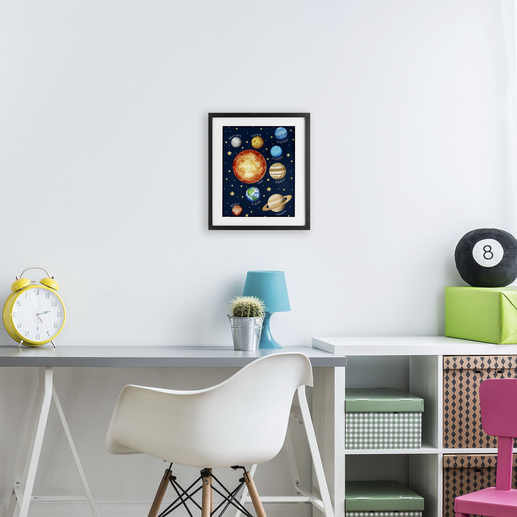 Educational Solar System Space Black Framed Print Under Glass, design by Christine Simpson Art