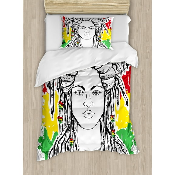 Rasta Duvet Cover Set, Grunge Ethiopian Flag Colors with a Black and White Sketchy Girl Image, Decorative 2 Piece Bedding Set with 1 Pillow Shams, Twin Size, Red Marigold and Green, by Ambesonne