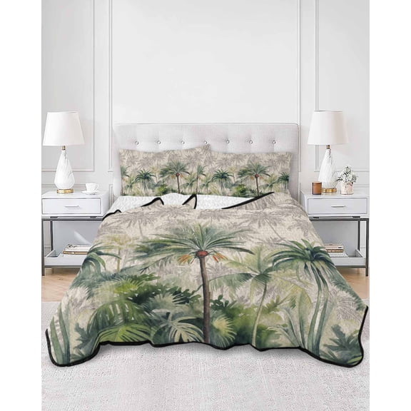 Quilts Twin Size, Summer Tropical Leaves Soft Comforter Bedding Set for Bed, Green Palm Trees Botanical Lightweight Quilted Bedspread with Pillow Cover(2 Pieces) for All Season, 68x86 Inch