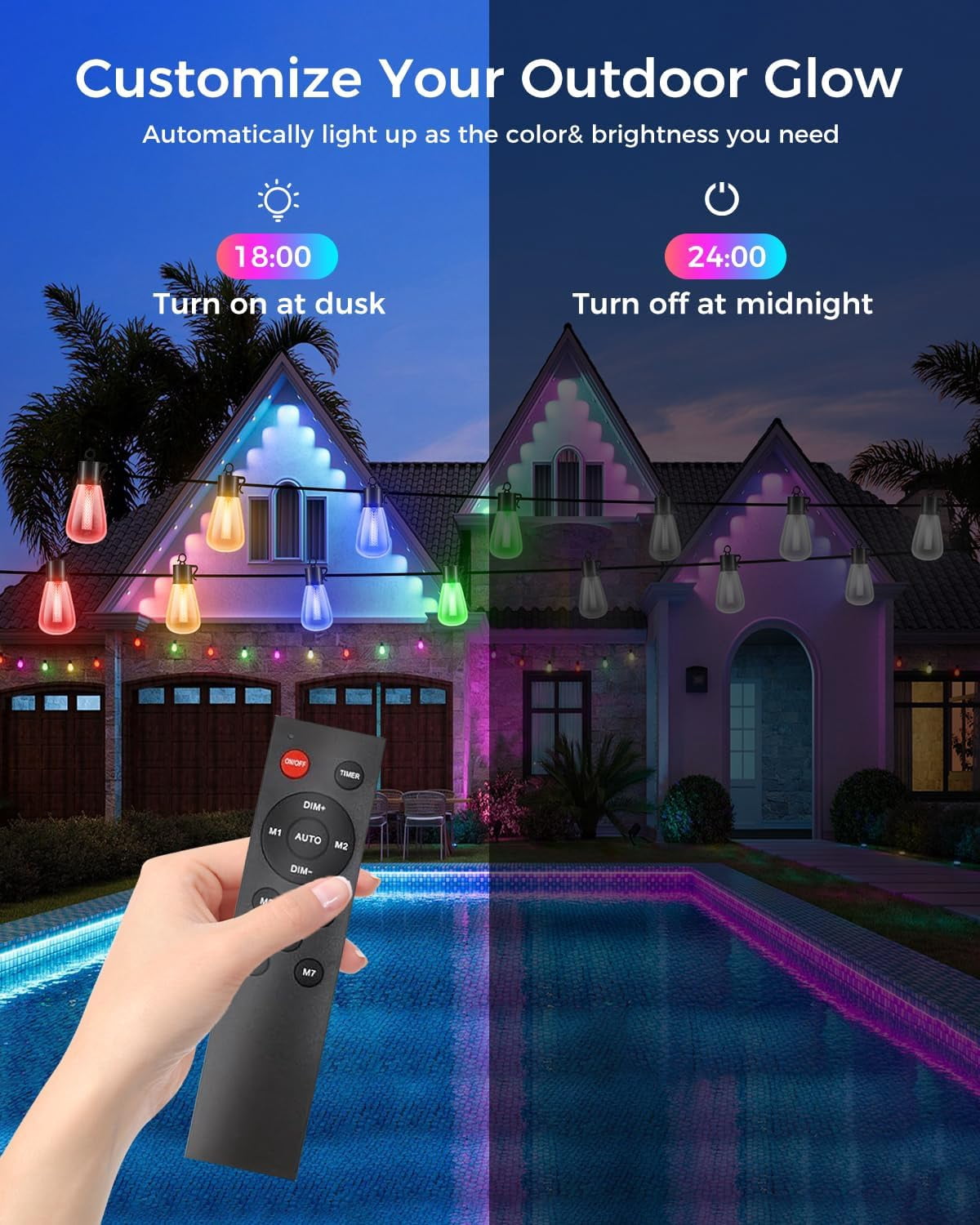 60FT Color Changing Outdoor String Lights with Remote - Dimmable LED RGB Patio Lights for Outside with Shatterproof Waterproof Edison Bulbs for Yard Gazebo Party Wedding Holiday
