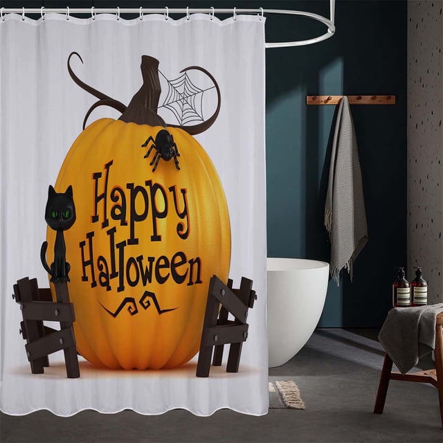 Xihbxyly Cortina de Ducha de Halloween, Gatos Negros de Acuarela, Poliéster, Incluye 12 Ganchos, Diseño Vibrante En Naranja y Amarillo, Decoración de Baño, Fácil Instalación, Tamaño 180 X 150 Cm
