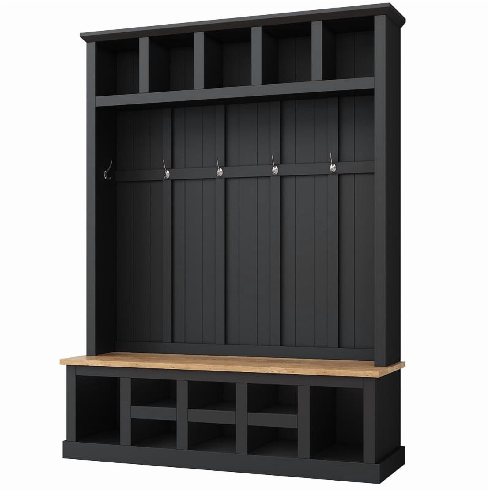 Farmhouse Hall Tree with Shoe Storage Bench and 13 Compartments, Entryway Coat Rack with 6 Hooks, Elegant Shoe Cabinet for Mudroom, Living room