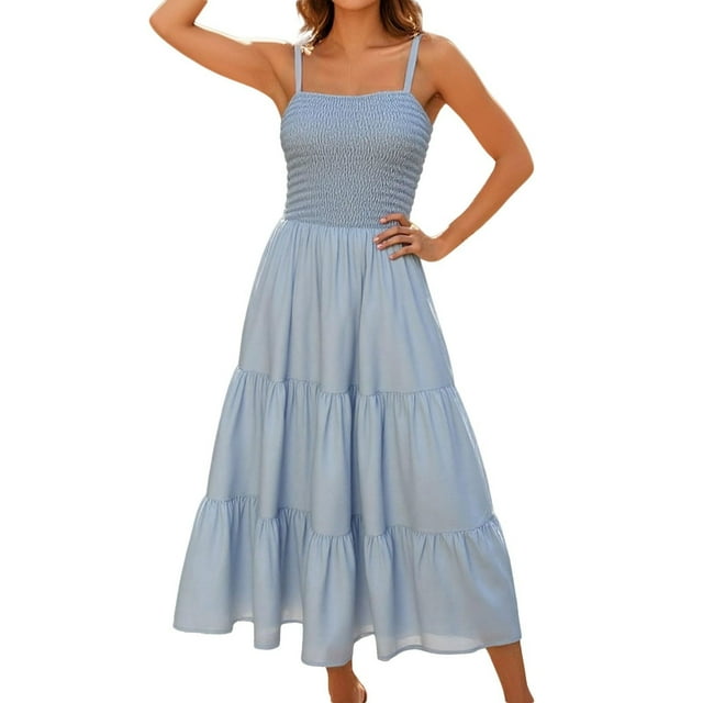 Lenpel Sundresses for Women Spaghetti Strap Square Neck Pleated Tiered Ruffle A-Line Midi Dresses Flowy Summer Dresses