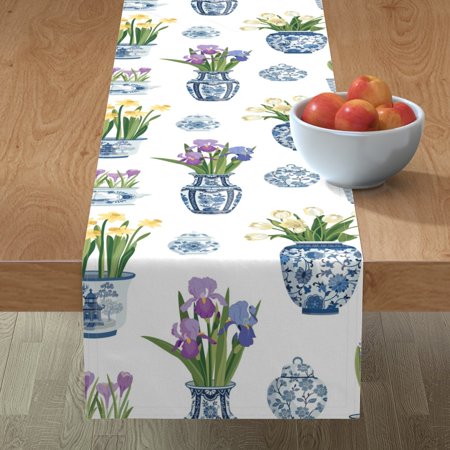

Cotton Sateen Table Runner 108 - Floral Pots Vases Tulips Flowers Chinoiserie Delft Print Custom Table Linens by Spoonflower