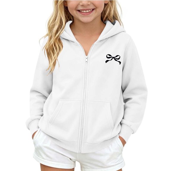 fatyb Zip up Hoodies for Girls Long Sleeve Hooded Jacket Kids Cute Bow Print Sweatshirt with Pockets