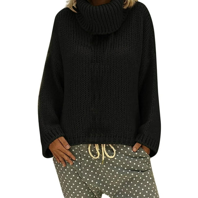 IROINID Women's Turtleneck Pullover Sweater Solid Color Loose Mid-Length Comfy Long Sleeve Sweater