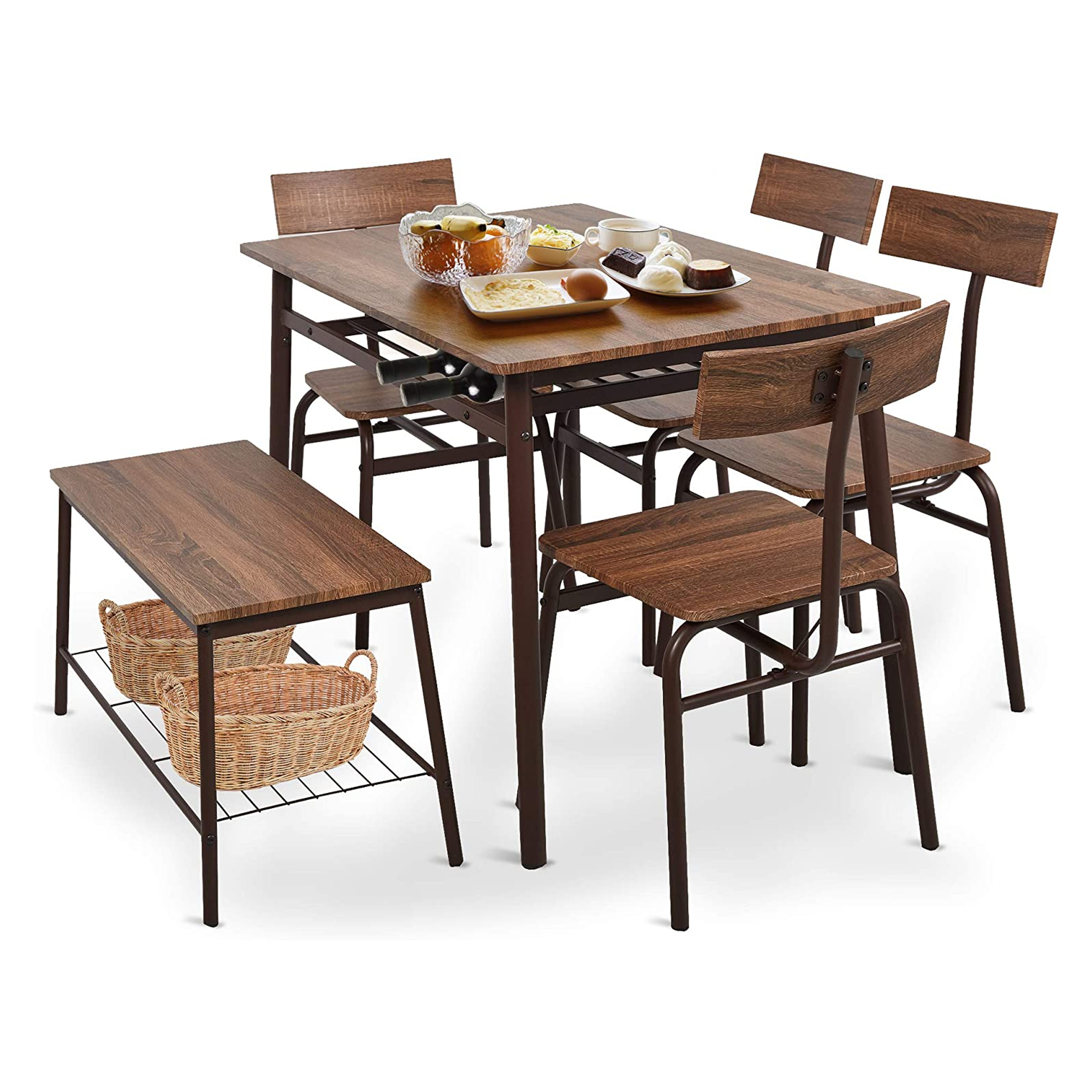 JOMEED 6 Piece Metal Frame Kitchen Dining Table, Chairs, & Bench Set