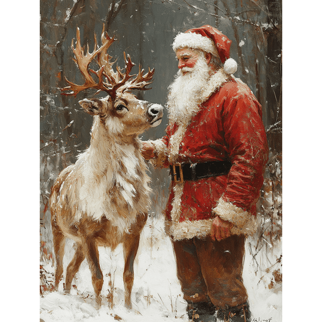 Qisvanset 12x16 Inch Vintage Santa Reindeer Canvas Wall Art, Classic Christmas Oil Painting Holiday Home Decor