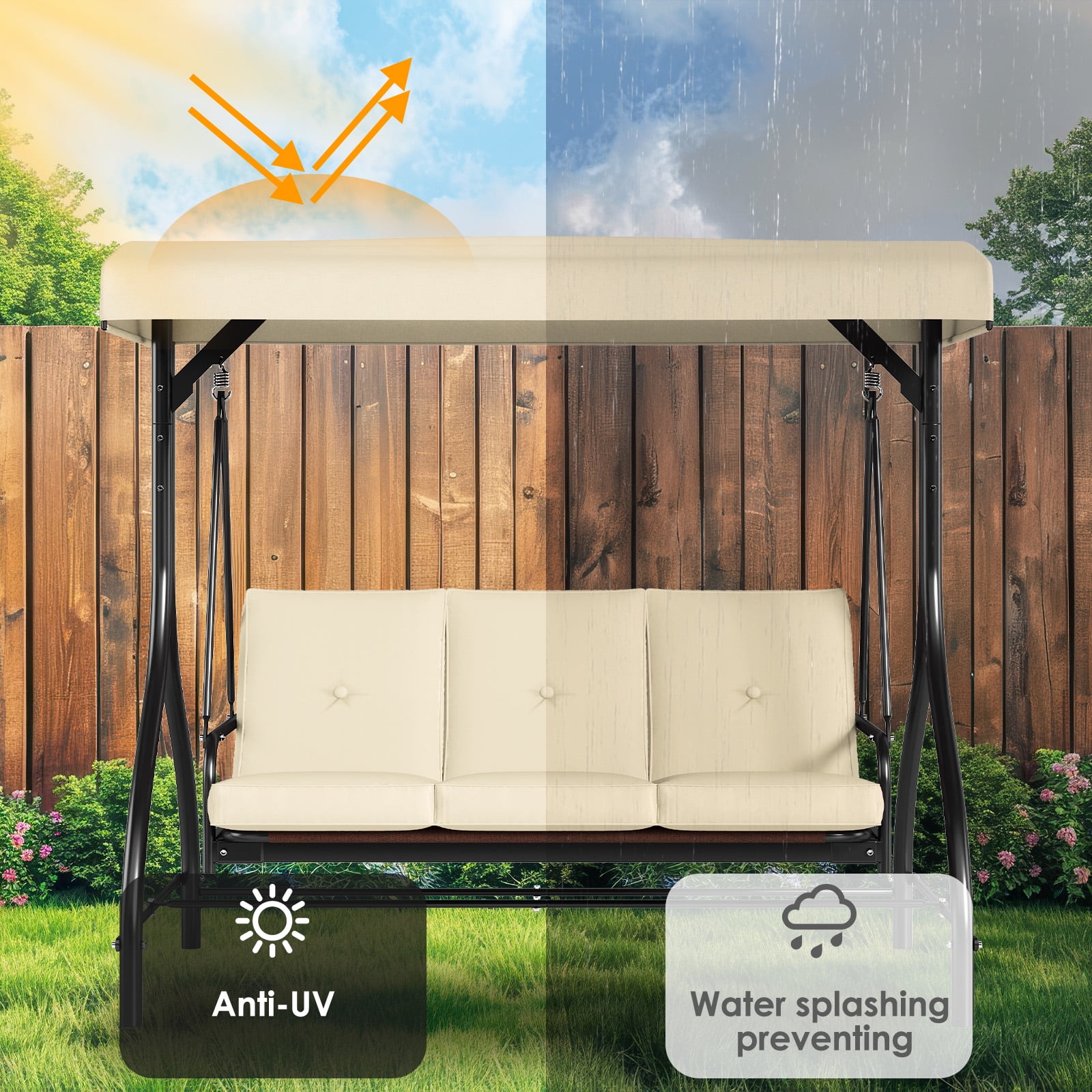 Arlopu 3 Person Porch Swing Outdoor Swing Chair with Adjustable Canopy & Cushions for Backyard Garden, Beige
