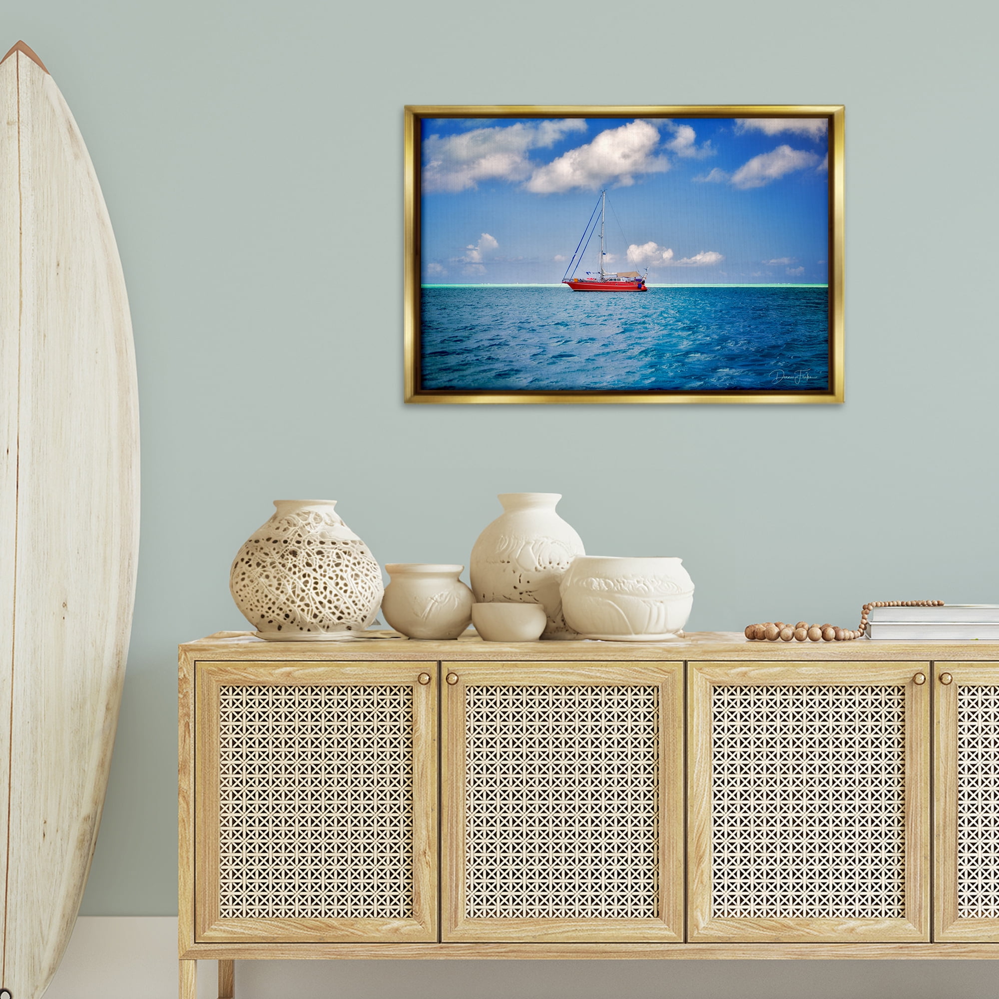 Stupell Industries Ship & Cloudy Sea Nautical & Beach Photography Gold Floater Framed Canvas Art Print Wall Art, 31 x 21