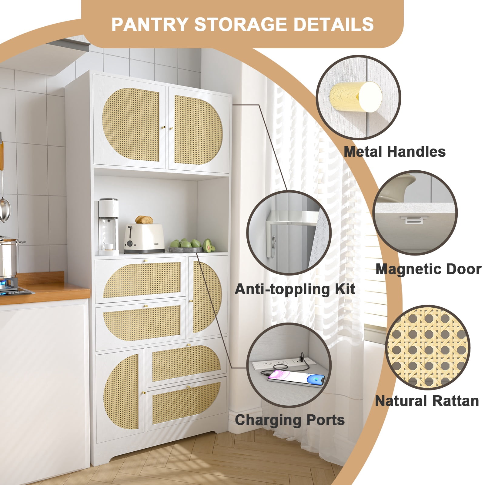 PORKISS Floor Mount Kitchen Pantry Cabinet, 1.8 in, White