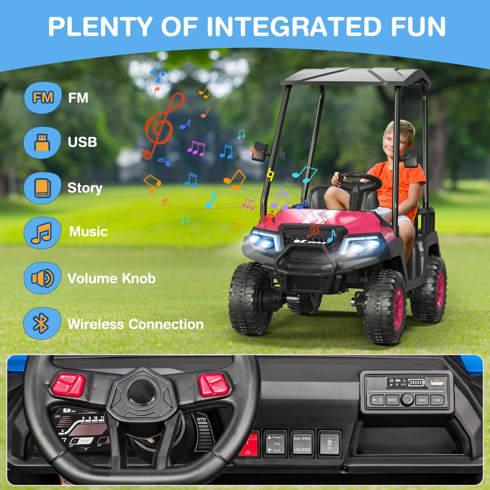 24V 4-Seater Kids Electric Golf Cart, 4WD Ride-On Car with Remote, Awning, Suspension & Music Features