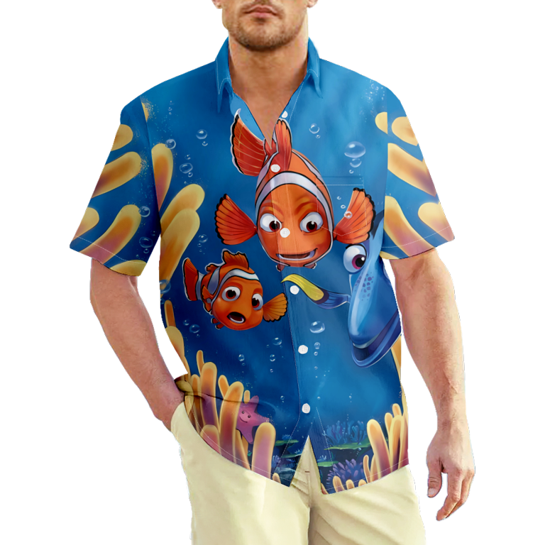 Kufutee Finding Dory Hank Octopus Short Sleeve T-shirts for Men,Finding Nemo Front Buttons Chest Pocket Hawaiian Shirt, Men's, Size: 7XL(Adult), White