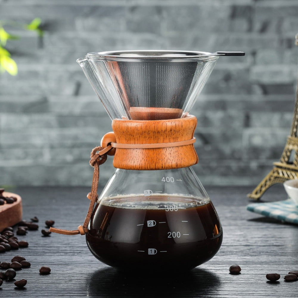 Home Pour Over Coffee Brewer Hand Drip Coffee Maker Pot with Heavy Duty Glass Carafe and Lid Paperless Stainless Steel Reusable Filter and Tea